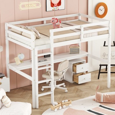 Whisen Twin Loft Wood Bed with Built-in Desk, Storage Cabinet of 2 Drawers, Guardrails and Ladder