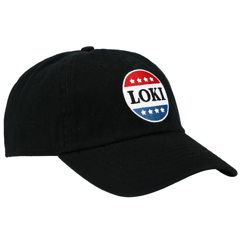 Loki Red White and Blue Button Embroidered Black Cotton Twill Hat, 2 of 6