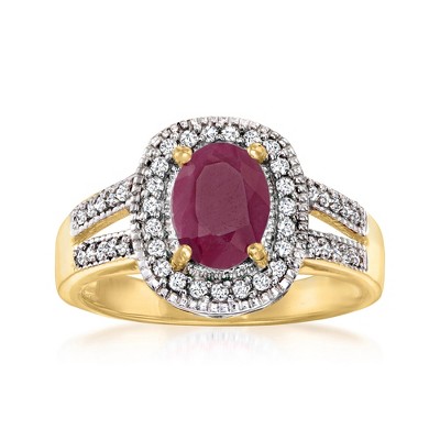 Ross-Simons 1.60 Carat Ruby and .30 ct. t.w. Diamond Halo Ring in 18kt Gold Over Sterling