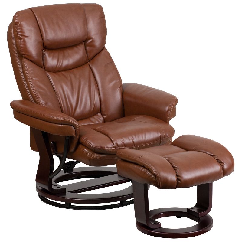Flash Furniture Contemporary Multi-Position Recliner and Curved Ottoman with Swivel Mahogany Wood Base, 1 of 14