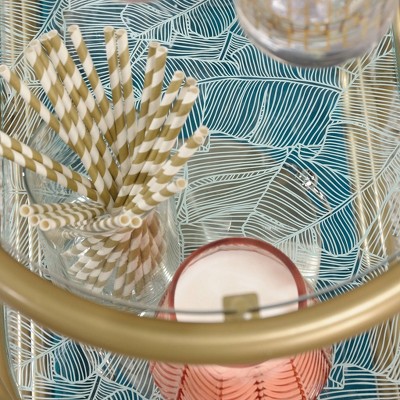 Satin Gold Coral Cape Bar Cart with Tempered Glass Shelves