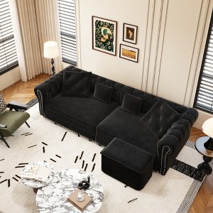 89'' Velvet 3-in-1 Pull-Out L-Shaped Sectional Sofa Bed with Tufted Design and Movable Ottoman, Convertible King Size Sleeper with 4 Pillows - 1 of 4