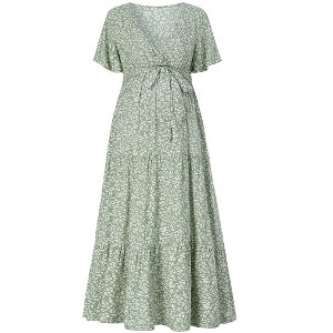 Maternity Maxi Dress Wrap V Neck Baby Shower Pregnancy Nursing Dresses - 1 of 4
