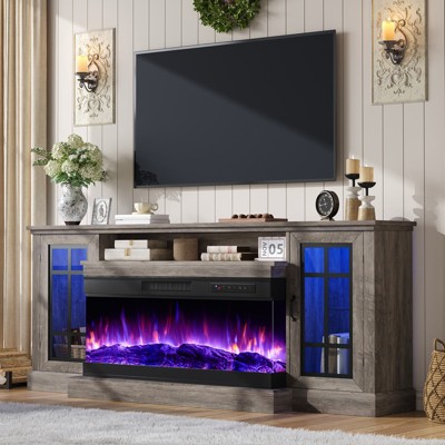 AMERLIFE 3-Sided Glass Fireplace TV Stand with LED Lights