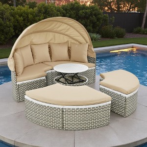 4-Pieces Outdoor Patio Rattan Round Daybed Sunbed with Retractable Canopy and Table - 1 of 4
