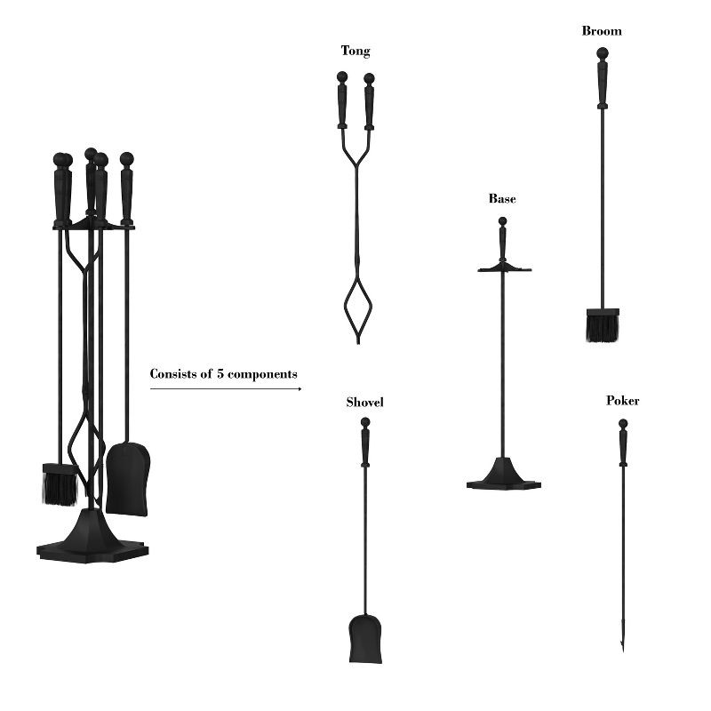 Hastings Home 5-Piece Heavy-Duty Wrought Iron Fireplace Tool Set and Stand, 4 of 9