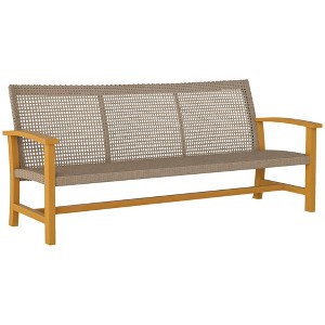 Outsunny 3-Seat Wicker Outdoor Couch Patio Sofa, 1000 lbs. Capacity, Acacia Wood Patio Furniture with Steel Seat Armrests for Backyard, Porch, Teak - 1 of 4
