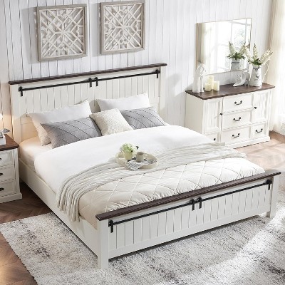 SinCiDo Farmhouse Queen Size Bed Frame with 47" Headboard, Sliding Barn Door Footboard, Wood Slat Platform Bed, No Box Spring Needed