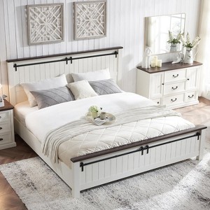 SinCiDo Farmhouse Queen Size Bed Frame with 47" Headboard, Sliding Barn Door Footboard, Wood Slat Platform Bed, No Box Spring Needed - 1 of 4