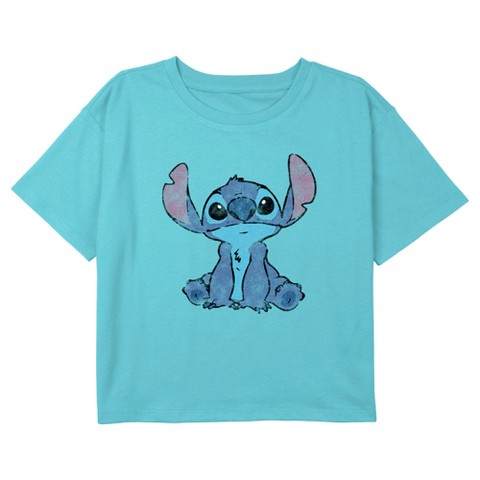 Lilo & Stitch Girl's Lilo & Stitch Faded Sketch Stitch Crop T-Shirt - Blue - Medium