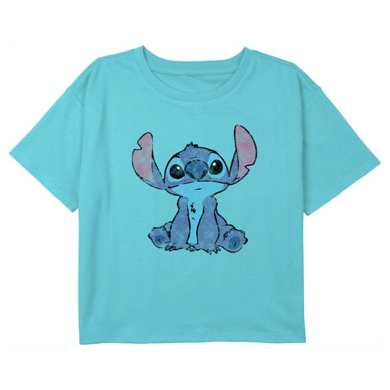 Girl's Lilo & Stitch Faded Sketch Stitch Crop T-Shirt, 1 of 4