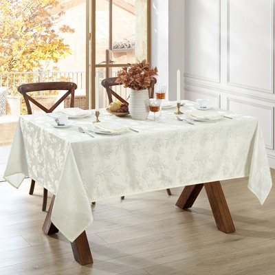 Ivory Woven Leaves Jacquard Damask Fall Tablecloth 60" x 144"