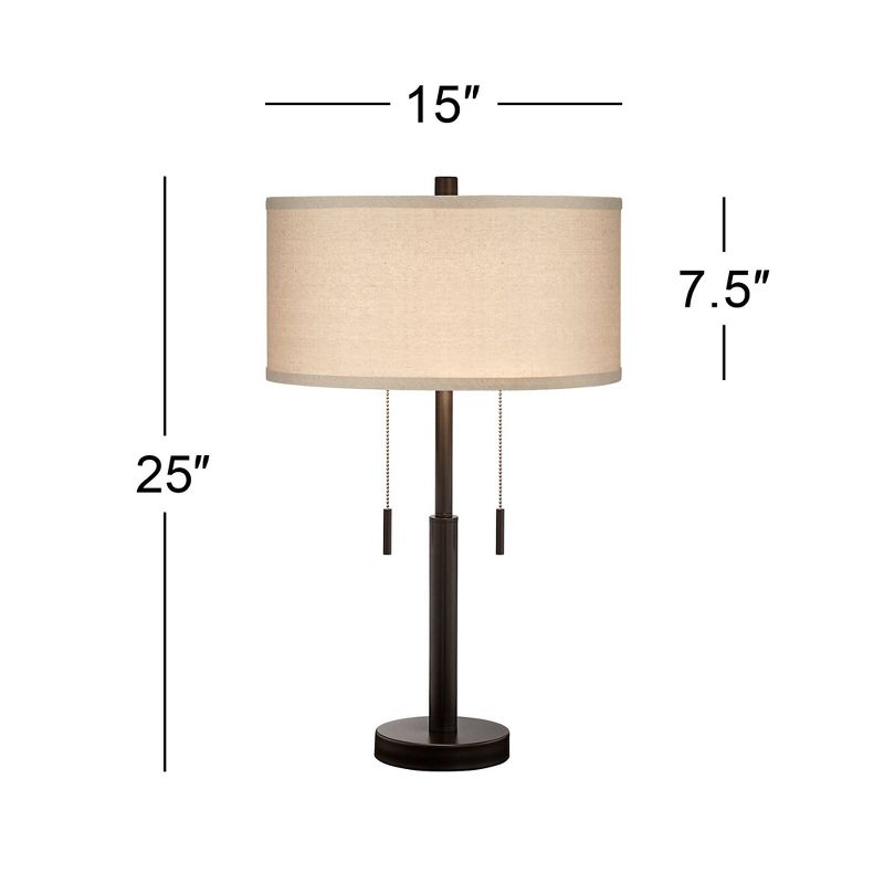 Franklin Iron Works Bernie Industrial Table Lamps 25" High Set of 2 Rich Bronze with USB Charging Port Tan Drum Shade for Bedroom Living Room Bedside, 5 of 10