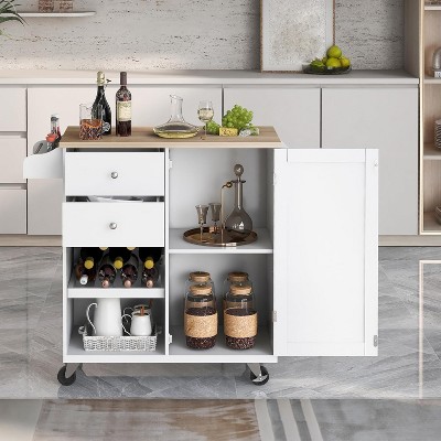 Kitchen Island Cart with Storage Cabinet,41.3'' Rolling Kitchen Cart with Towel Rack & Drawer, Freestanding Buffet Server Sideboard White