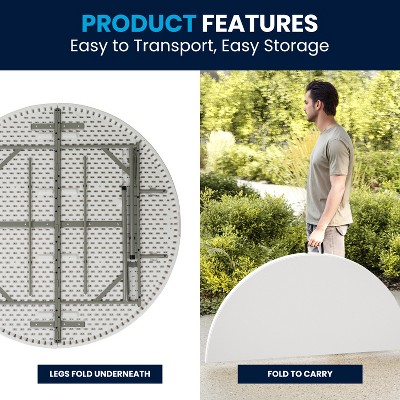 Granite White 60'' Round Bi-Fold Table with Metal Frame and Handle