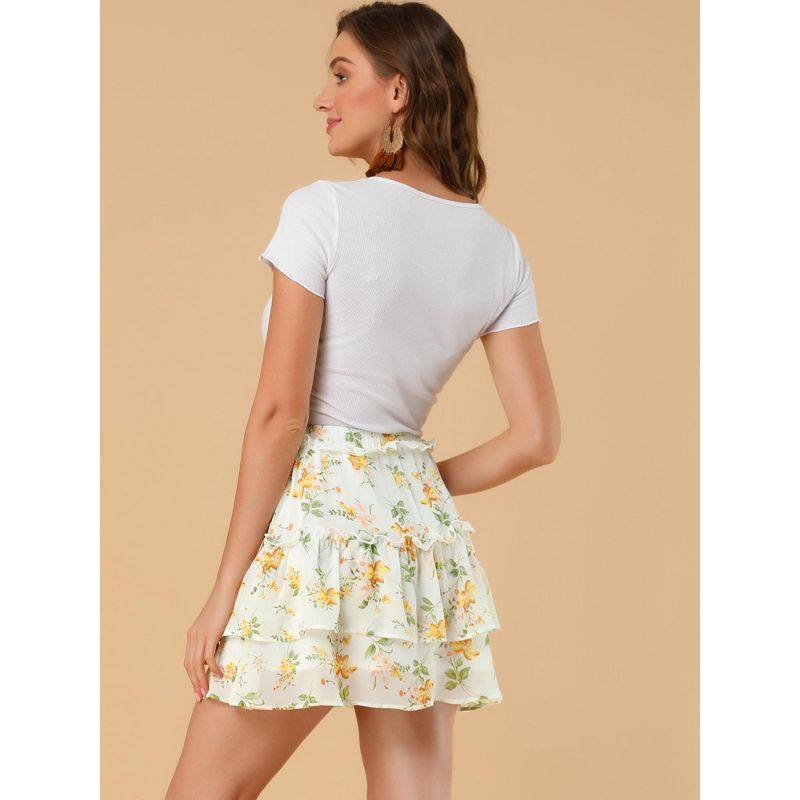 Allegra K Women's Layered Ruffle Hem Elastic Waist A-Line Skater Floral Mini Skirt, 5 of 7
