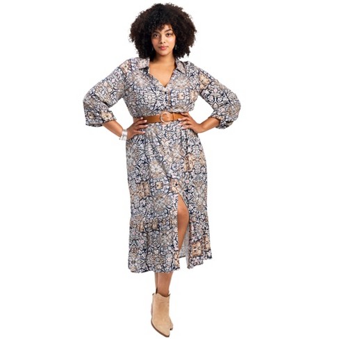 Avenue Women's Plus Size Averie Print Shirtdress With Belt - image 1 of 4