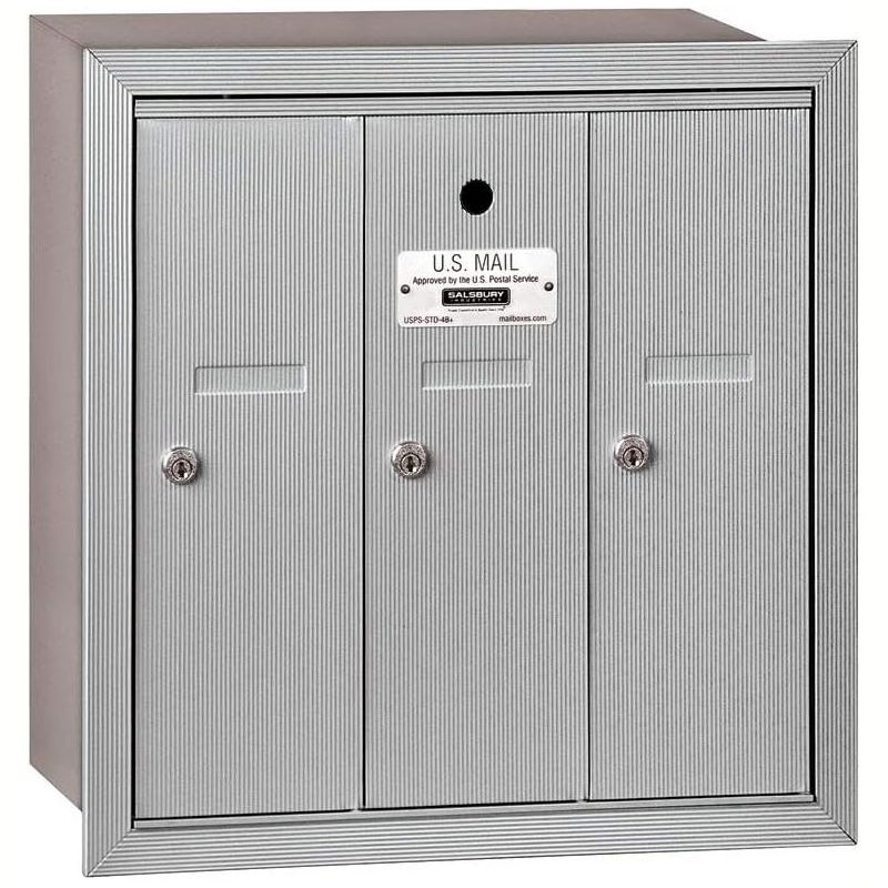 Salsbury Industries Vertical Mailbox - 3 Doors - Aluminum - Recessed Mounted - USPS Access, 1 of 2