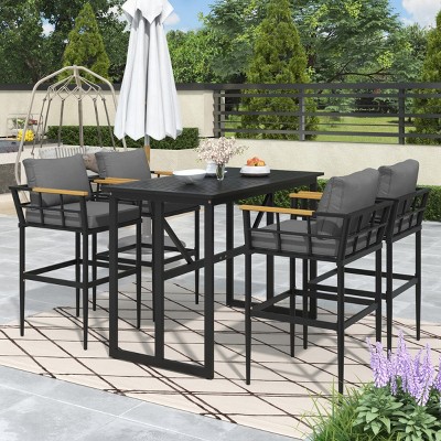 5-Piece Metal Patio Dining Set,Patio Dining Chair With Acacia Wood Armrest,Patio Chairs With Cushions,Outdoor Furniture -Maison Boucle