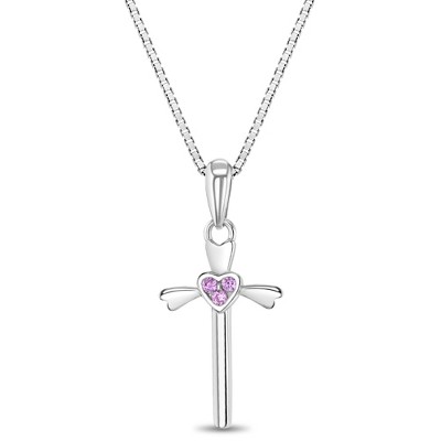 Girls' Pink Heart Cross Sterling Silver Necklace - In Season Jewelry