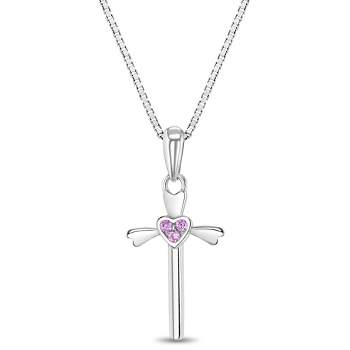 Girls' Pink Heart Cross Sterling Silver Necklace - In Season Jewelry