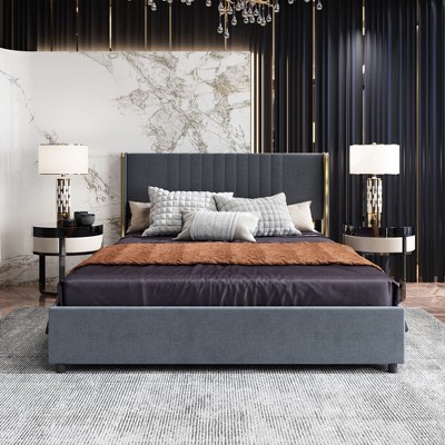 FUFU&GAGA Queen Size bed with Headboard and Sliding Drawers Led Lights Gray