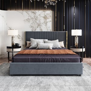 FUFU&GAGA Queen Size bed with Headboard and Sliding Drawers Led Lights Gray - 1 of 4