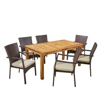 Davenport 7pc Acacia Wood & Wicker Patio Dining Set - Expandable, Weather-Resistant, Cushioned Seating - Christopher Knight Home