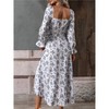 Women's Floral Square Neck Maxi Dress Bubble Long Sleeve Side Slit Flowy Boho Dresses - 2 of 4