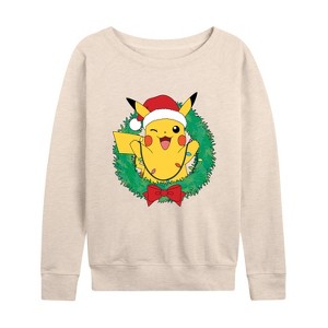 Women's - Pokémon - Pikachu Lights Wreath Lightweight French Terry Wide Neck Long Sleeve Shirt - 1 of 4