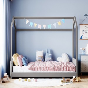 CAVINAS Twin/Full Size Velvet House-Shaped Bed Frame,Platform Floor Bed for Kids Room,Bedroom - 1 of 4