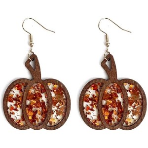 Wooden Pumpkin & Leopard Cowhide Dangle Earrings - Handmade Lightweight Halloween & Thanksgiving Drop Jewelry for Women - 1 of 4