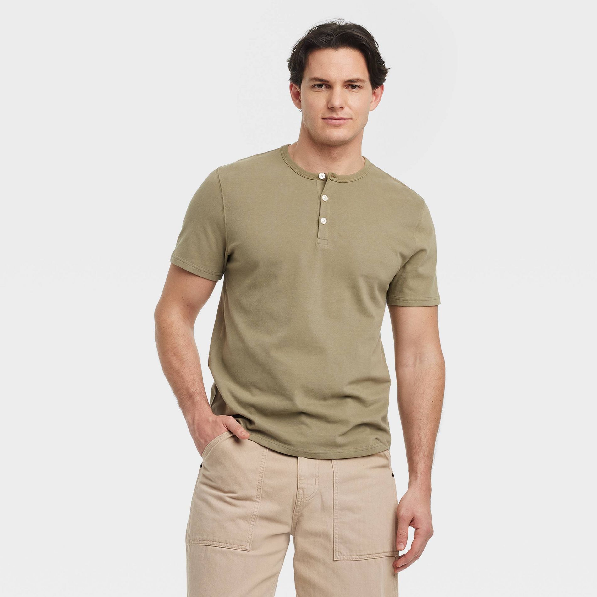 Men's Vintage Short Sleeve Henley Shirt - Goodfellow & Co™ Olive Green M: Cotton, Midweight, Standard Fit, Pullover
