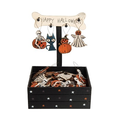 Transpac 13.5 in Multicolor Halloween Wood Ornaments Set of 72 with Crate Display Perfect for Tree Decor