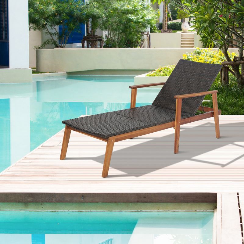 Tangkula Adjustable Patio Rattan Lounge Chair  Recliner Outdoor Chaise Acacia Wood Frame, 2 of 10