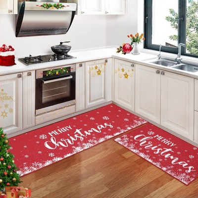 Chrismas Rug for Kitchen Livine Room Bedroom Christmas Printed Non Slip Washable Xmas Rug Low Pile Stain Resistant Area Rug Red 17x29 in and 17x47 in