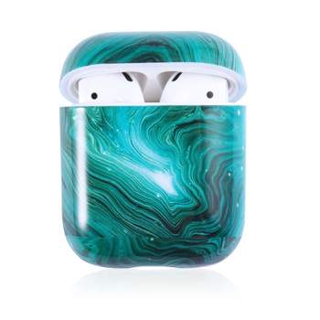 Insten TPU Protective Skin Compatible with Apple AirPods 1 and 2 Charging Case, Supports Wireless Charging, Includes Carabiner Keychain, Marbled Green