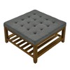 Zeus & Ruta Tufted Linen Large Square Ottoman with Beech Wood Shelf and Frame, Dark Gray - 3 of 4