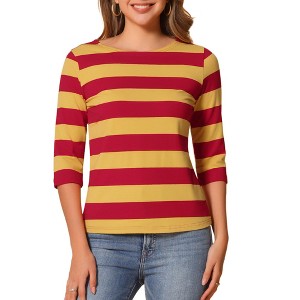 INSPIRE CHIC Women's Stripes Casual Basic Elbow Sleeves Boat Neck Slim Fit T-Shirts - 1 of 4
