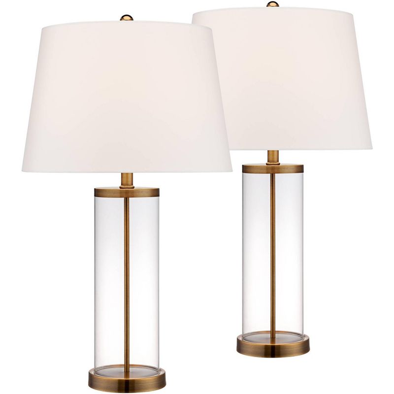 360 Lighting 26" High Cylinder Country Cottage Table Lamps Set of 2 Fillable Clear Gold Finish Glass Metal White Shade Living Room Bedroom Bedside, 1 of 9