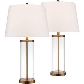 360 Lighting 26" High Cylinder Country Cottage Table Lamps Set of 2 Fillable Clear Gold Finish Glass Metal White Shade Living Room Bedroom Bedside