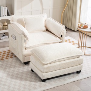 39" Oversized Boucle Single Sofa Chair Bed with Portable Ottoman,Double Deep Cushion & Side Storage Bag for Living Room-Baofuwish - 1 of 4