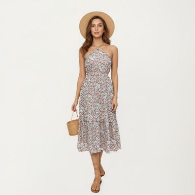 Anna-Kaci Women's Floral Print Halter Neck Midi Dress with Smocked Waist  and Tiered Skirt - Large, Light Beige : Target