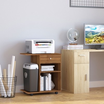 Walnut Particleboard Rolling Printer Stand with Drawer and Shelves