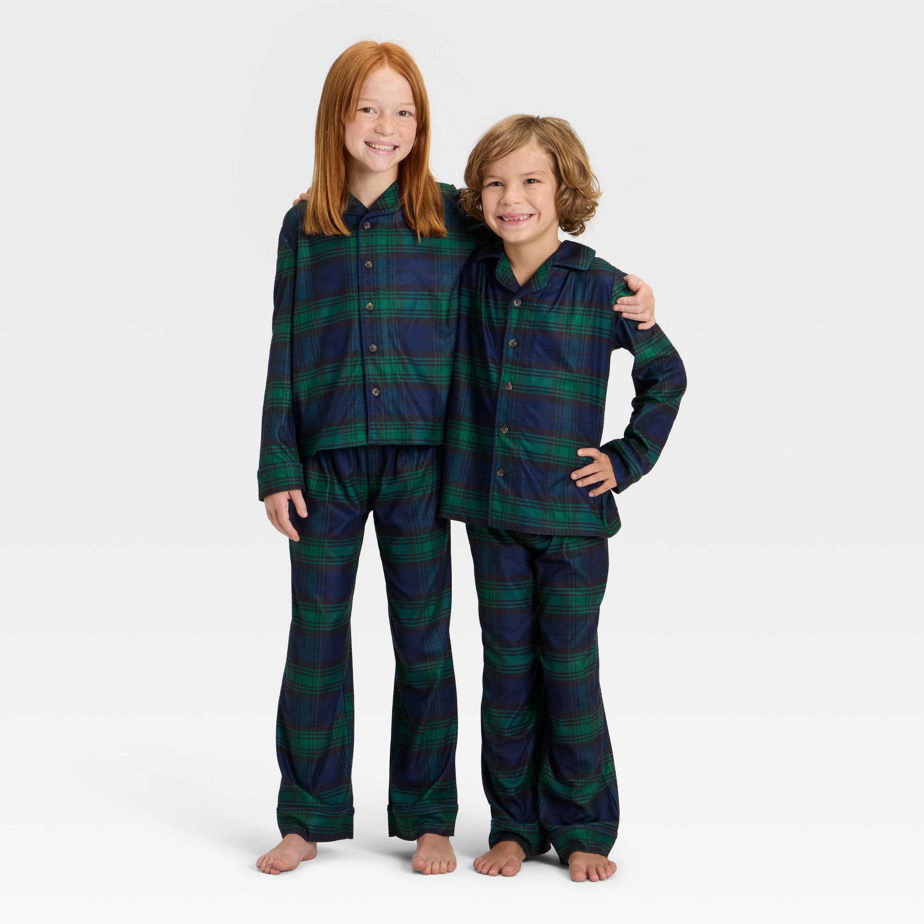 Kids' Plaid Long Sleeve Shirt and Pants Holiday Matching Family Pajama Set - Wondershop™ Navy Blue