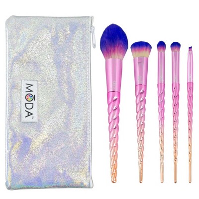 MODA Brush Mythical 6pc Star Travel Makeup Brush Set with Holographic Zip Case, Includes - Blush, Complexion, Domed Shadow, and Angle Eyeliner Brushes