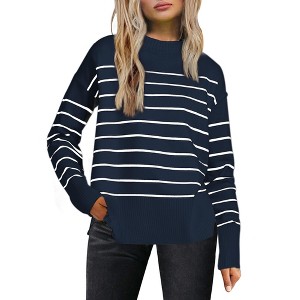 INSPIRE CHIC Women's Striped Crew Neck Long Sleeve Side Split Ribbed Knit Sweaters - 1 of 4