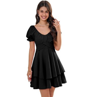 Clearlove Women's Mini Dress Layer Ruffle Hem Short Lantern Sleeve V Neck  Dress A Line Casual Flowy Dress Black X Large : Target