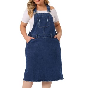 Agnes Orinda Women's Plus Size Overall Distressed Racerback Side Buttons Denim Jumpers Dress with Pockets - 1 of 4