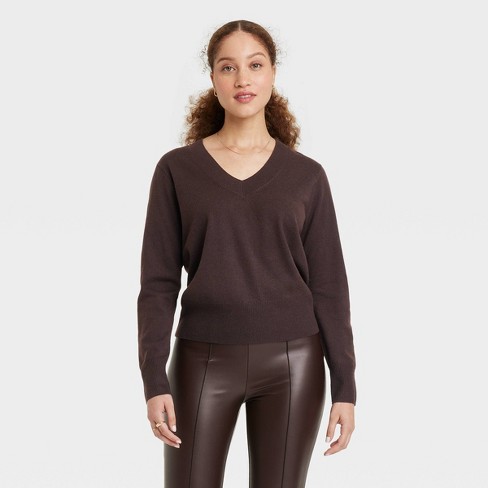 Women's Fine Gauge V-neck Sweater - A New Day™ Dark Brown Xl : Target